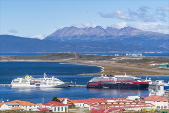 Two cruise ships moored in the harbour on the Beagle Channel, Ushuaia, Tierra del Fuego Island,