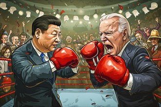 Political cartoon, Xi Jinping and Joe Biden in the boxing ring in an aggressive pose, symbolising