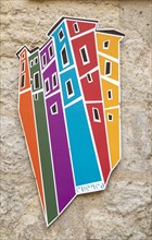 Design artwork of historic colourful buildings found in Cuenca, Castille La Mancha, Spain, Europe