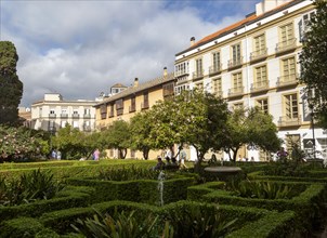 Jardin Catedral de la Encarnacion garden next to cathedral with fountains and hedges, Malaga,