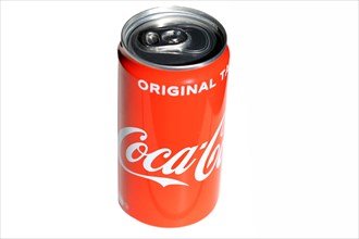 Coca-Cola can in front of a white background