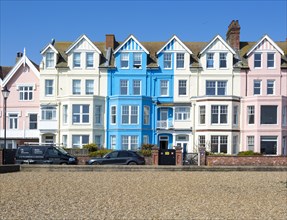 Historic colourful houses on the seafront, Aldeburgh, Suffolk, England, UK
