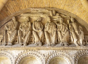 Romanesque stone carvings six apostles porch of Malmesbury abbey church, Wiltshire, England, UK
