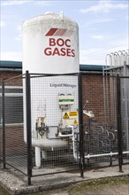 BOC Gases liquid nitrogen storage container at small industrial premises, Calne, England, UK