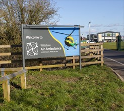 Sign at Air Ambulance charity helicopter emergency ambulance base, Semington, Wiltshire, England,