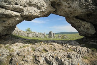 Rocky landscape with rock formations, bizarre, hole, look through, limestone, limestone rocks,