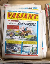 Pile of Valiant children's comic on display at auction, UK