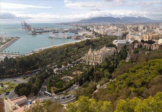 Cityscape view over city centre and dock area Malaga, Andalusia, Spain, Trasmediterranea ferry ship