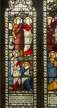 Stained glass window church of Saint John, Saxmundham, Suffolk, England, UK, Sermon on the Mount,