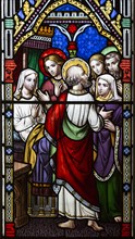 Victorian stained glass window depicting the Raising of Dorcas circa 1858 by William Wailes