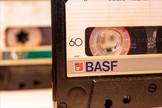 Close-up of two BASF audio cassettes from the 1980s