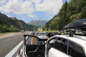 Traffic jam in front of the Gotthard tunnel due to an accident in the tunnel (Switzerland,