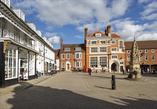 Historic buildings in the town Market Square, Saffron Walden, Essex, England, UK
