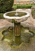 Stone water fountain in garden of historic Moorish palace Alcazaba, Malaga, Andalusia, Spain,