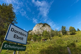 Mountain village Ebnit, municipality Dornbirn, village sign, recreation village, steep slope,