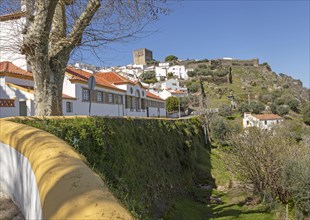Townscape view of historic buildings and castle on hilltop, village of Castelo de Vide, Alto