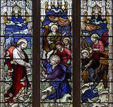 Stained glass window of Walking on Waters c 1901 J. Hardman, Aldeburgh church, Suffolk, England, UK