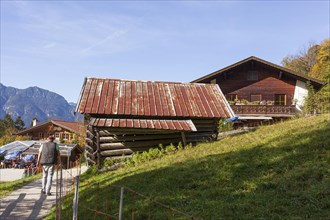 Graseck Alm with huts and hiking trail, Garmisch-Partenkirchen, Werdenfelser Land, Upper Bavaria,