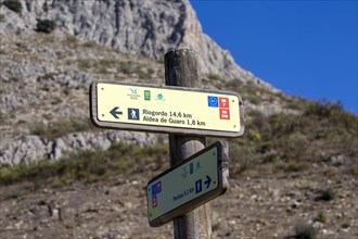 Signpost waymark for long distance footpath GR-249, Gran Senda de Malaga, Periana, Axarquia,
