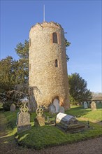 Unusual detached round tower in churchyard of church of Saint Andrew, Bramfield, Suffolk, England,