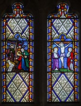 Stained glass window in church of Saint Mary, Maddington, Wiltshire, England, UK
