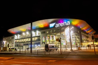 Night shot of the SAP Arena in Mannheim during a match at the 2024 European Handball Championships