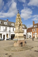Historic drinking fountain in the town Market Square, Saffron Walden, Essex, England, UK