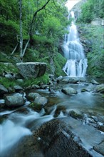 Runes stream and Cascade de Runes waterfall, long exposure, water, stones, Cevennes, Massif