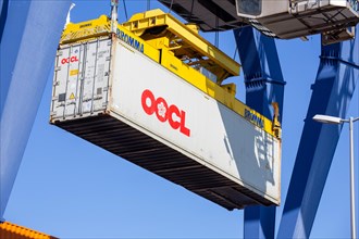 An OOCL Orient Overseas Container Line container is loaded in the port of Mannheim, Germany. Supply
