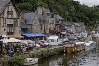 The harbour and medieval buildings on the River Rance, Dinan, Brittany, France, Europe