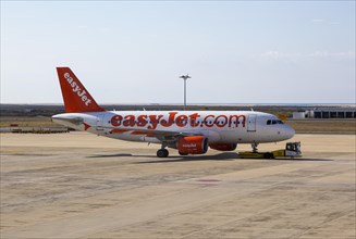EasyJet flight being transported to runway for take-off, Faro airport, Portugal, Europe