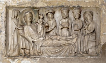 Relief carving of the Adoration of the Magi, dated to 1350, Holy Trinity Church, Long Melford,