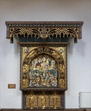 16th century Flemish reredos screen of Crucifixion, Cavendish church, Suffolk, England, UK