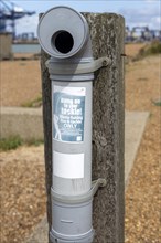 Disposal bin for waste fishing tackle and line, Landguard Point, Felixstowe, Suffolk, England, UK