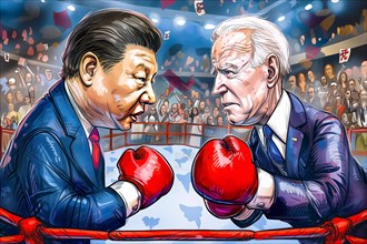 Two caricatured political figures, Xi Jinping and Joe Biden, in the boxing ring, symbolising the