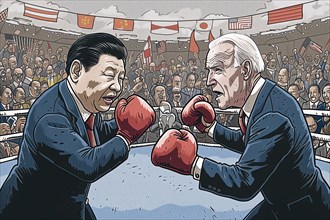 Caricatured political leaders, Xi Jinping and Joe Biden, face each other in the boxing ring,