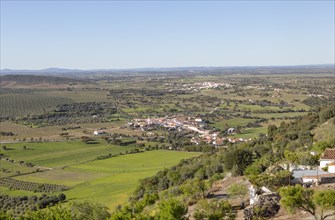 View over landscape from village of Monsaraz, Alto Alentejo, Portugal, southern Europe view north