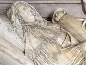 Memorial life-size monument by Nicholas Stone for Elizabeth Coke and infant daughter, church of