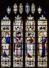 Sixteenth century stained glass windows inside church of Saint Mary, Fairford, Gloucestershire,
