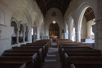 Interior Victorian village parish church of Saint Margaret of Antioch, Leigh Delamere, Wiltshire,