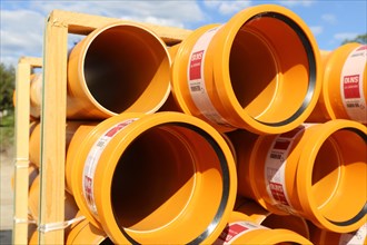 Stack of KG pipes on a construction site (Mutterstadt, Germany, 15/05/2019), Europe