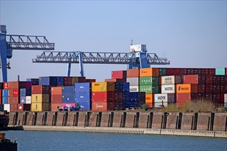View of the Rhine harbour in Mannheim with large quantities of shipping and storage containers