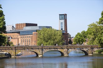Royal Shakespeare Company theatre from the River Avon, Stratford-upon-Avon, Warwickshire, England,