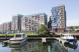 Modern waterfront apartment block housing on the waterfront, Stoke Quay, Ipswich, Suffolk, England,
