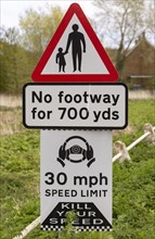 Road traffic signs warning of hazards no footway 30 mph speed limit, Shottisham, Suffolk, England,