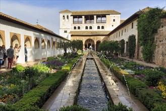 Tourists in the Patio de la Acequia, gardens with water basin, water features, Moorish palace,