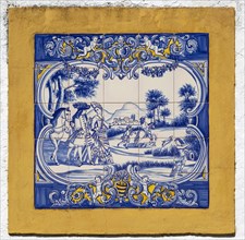 Close-up of 18th Century historic blue and white tiled Azulejo art picture scene of nobles hunting