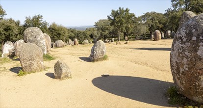 Neolothic stone circle of granite boulders, Cromeleque dos Almendres, Evora district, Alentejo,