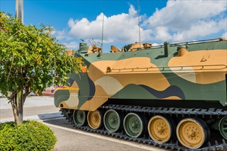 Side view of LVTP-7 amphibious assault vehicle on display at seaside park in Seosan, South Korea,