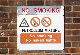 No Smoking sign Petroleum mixture no smoking or naked lights, UK